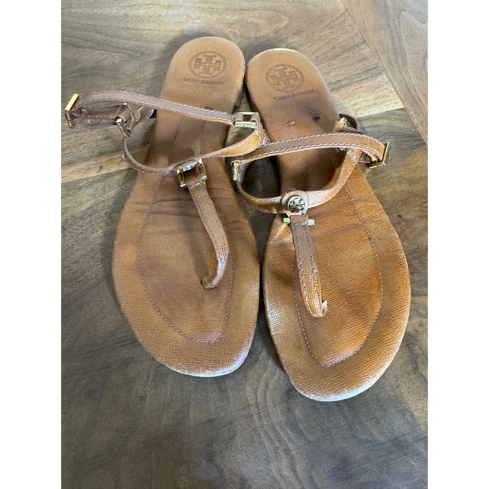 Tory Burch Tan Lizard Embossed Leather Logo Thong Sandals Womens 9.5M Flat Brown